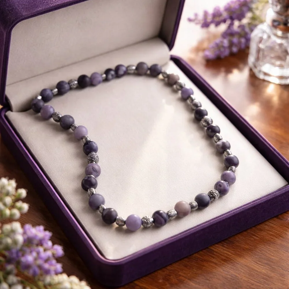 Frosted Purple and Silver Beaded Necklace -‎ New